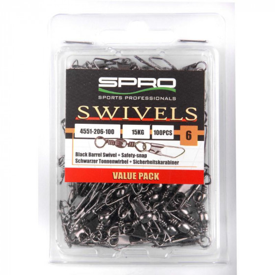 Spro Black Barrel Swivel+Safety Snap, Gr. 6, Value Pack, 100Stück