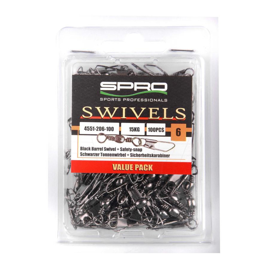 Spro Black Barrel Swivel+Safety Snap, Gr. 6, Value Pack, 100Stück
